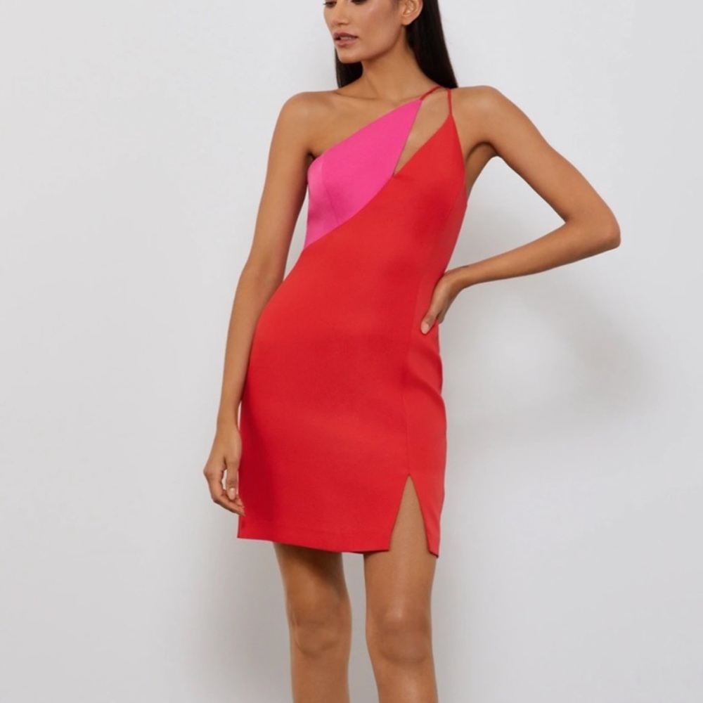 BCBG one shoulder red and pink dress